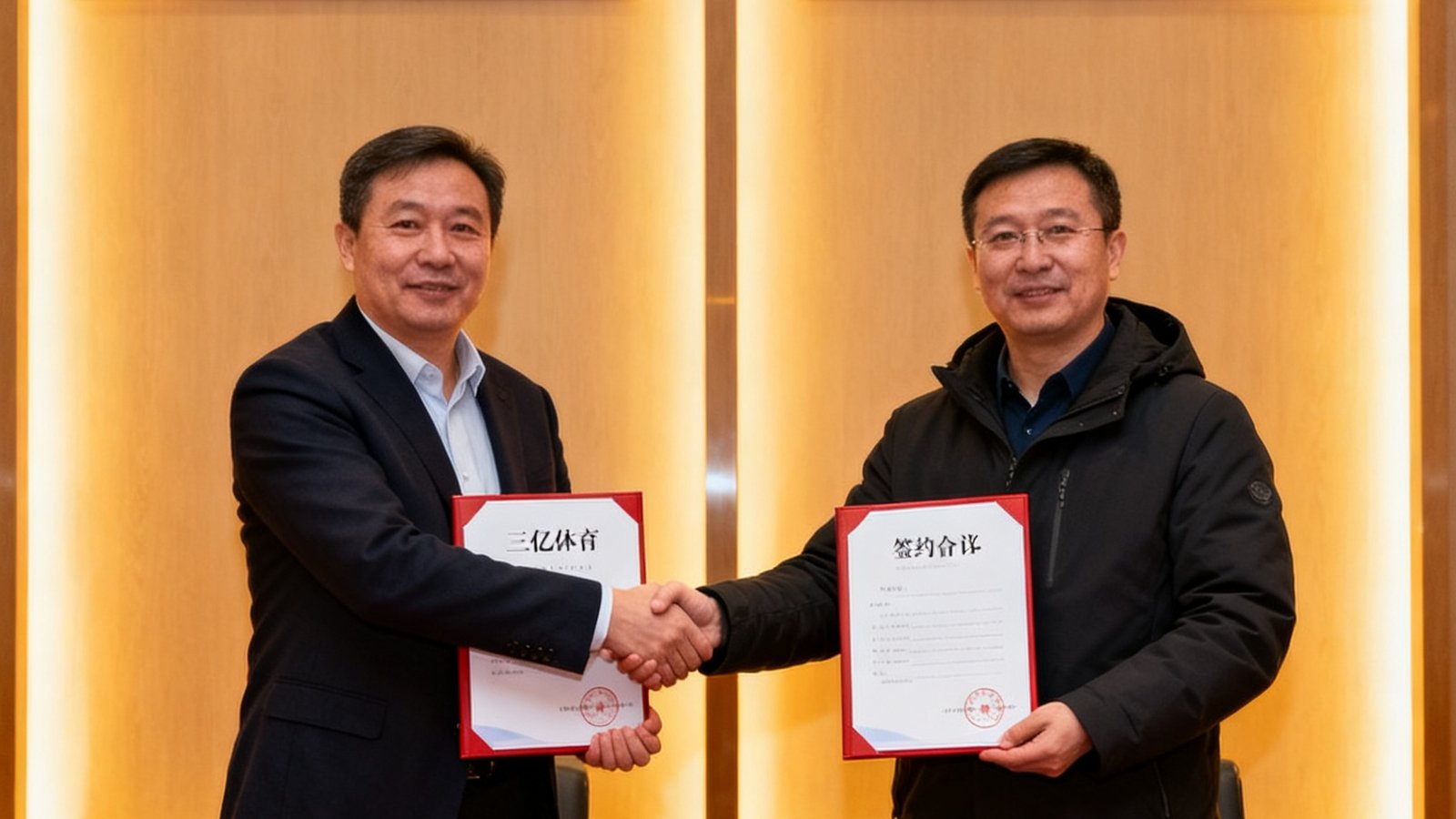 三亿体育与阿勒泰三大雪场战略合作签约仪式现场照片，双方代表握手并展示合作协议。