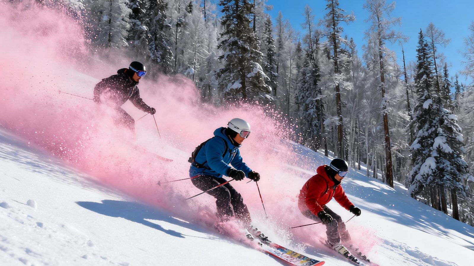 三名滑雪爱好者在新疆阿勒泰地区的天然野雪区域滑行，厚厚的粉雪被滑雪板激起漫天雪雾，背景是银装素裹的泰加林和湛蓝天空。