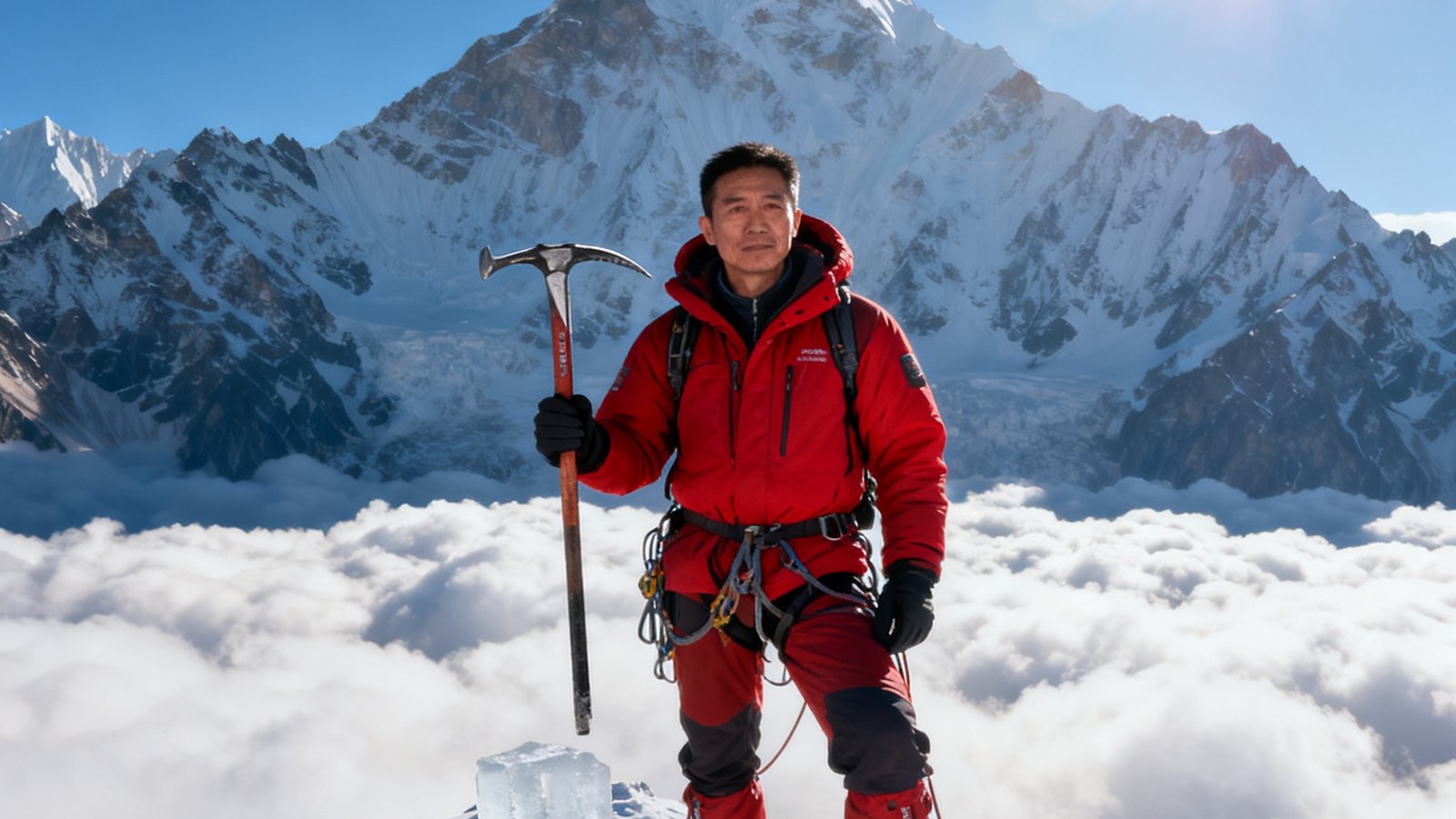 三亿体育创始人张远山站在海拔5000米以上的雪山之巅，身穿红色冲锋衣，手持冰镐，身后是连绵的雪山和壮观的云海，阳光洒在他的脸上显得坚毅而从容。