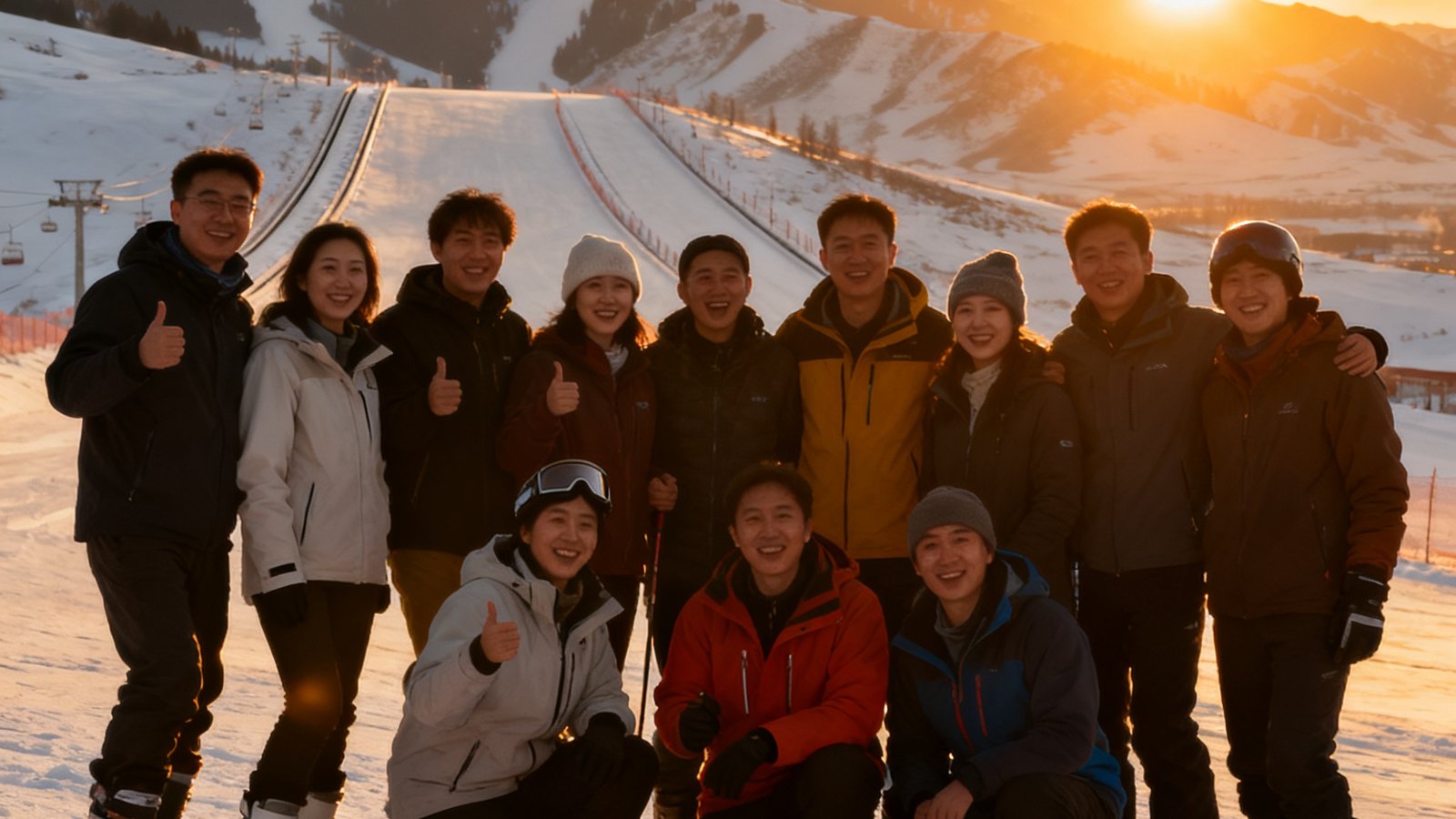一群客户在新疆阿勒泰滑雪活动结束后在雪地中合影，大家脸上洋溢着开心的笑容，身后是夕阳映照下的雪山和滑雪道。